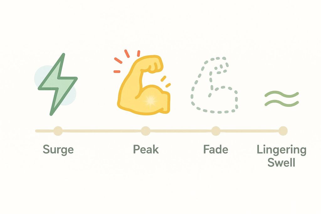 A timeline graphic with four icons shows the stages of a muscle pump: Surge represented by a lightning bolt, Peak by a flexing arm, Fade by a dashed flexing arm, and Lingering Swell by two wavy lines.