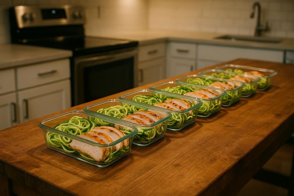 A lineup of glass meal prep containers on a wooden kitchen counter, each holding sliced chicken breast and spiralized zucchini noodles. There are seven containers in total, extending into the background of a modern kitchen.