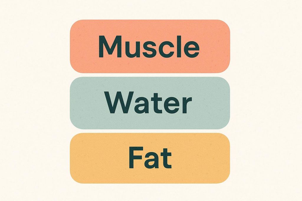 Three stacked, colored blocks. The top block is peach and says 'Muscle'. The middle block is light blue-green and says 'Water'. The bottom block is orange and says 'Fat'. These represent different components of body mass.