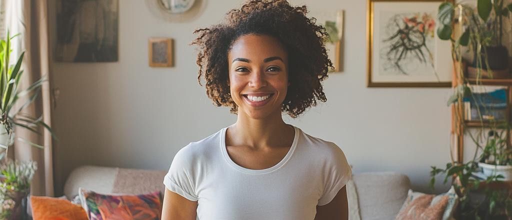 A woman with curly brown hair smiles at the camera in her living room. Behind her is a couch, framed artwork on the walls, and plants.