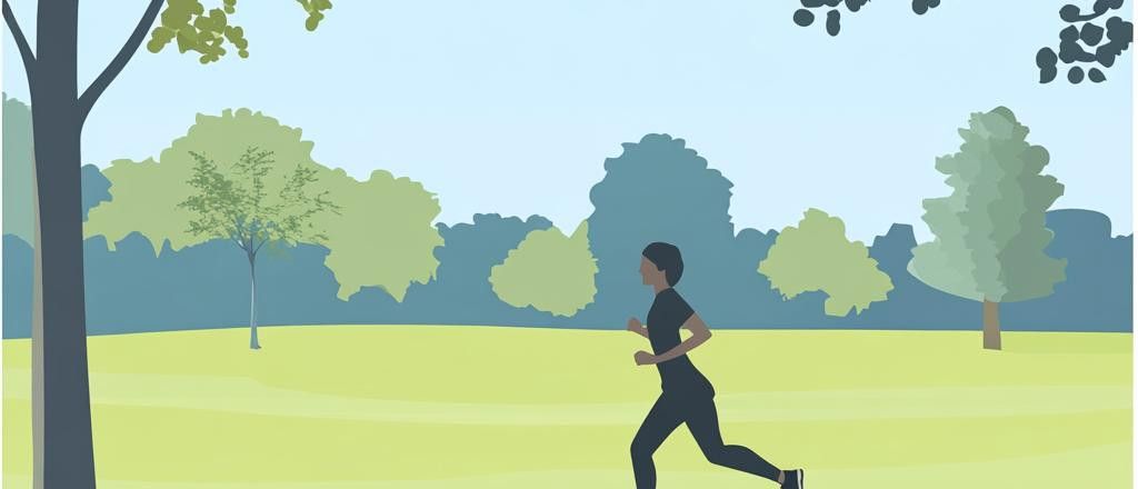 Illustration of a person running in a park with trees and a blue sky.