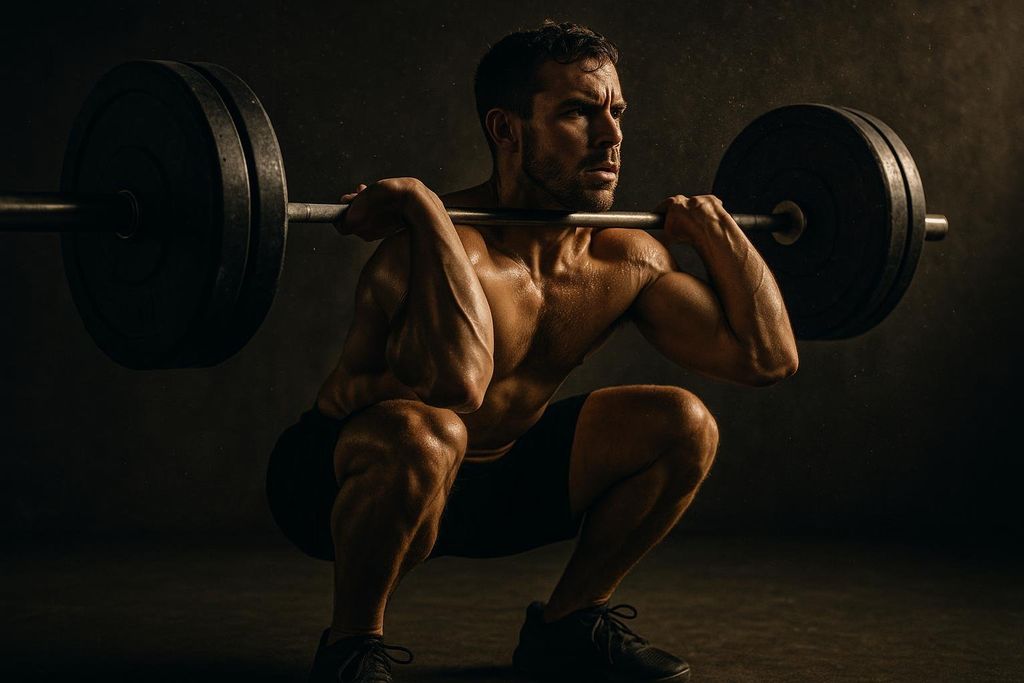 An athlete performs a heavy squat clean with intense focus, showcasing advanced weightlifting technique, captured in a dynamic, low-light setting.