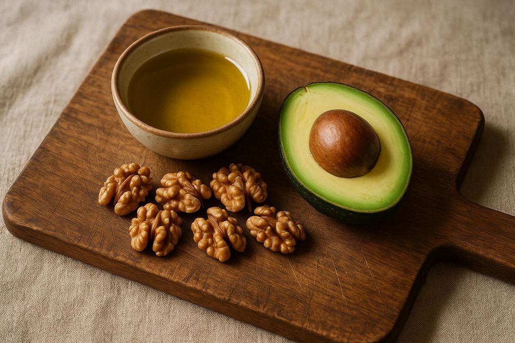 A wooden cutting board with a small bowl of olive oil, a handful of walnuts, and a halved avocado with its pit on a light linen surface. These are healthy fats recommended in the Longevity Diet.