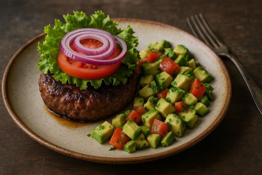 A close-up shot of a bunless burger topped with lettuce, tomato, and red onion, served alongside a diced avocado and tomato salad on a beige plate.