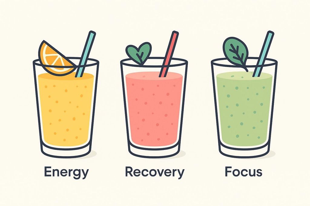Illustration of three smoothies labeled Energy, Recovery, and Focus. The 'Energy' smoothie is yellow with an orange slice. The 'Recovery' smoothie is red with a heart-shaped leaf. The 'Focus' smoothie is green with a leaf.
