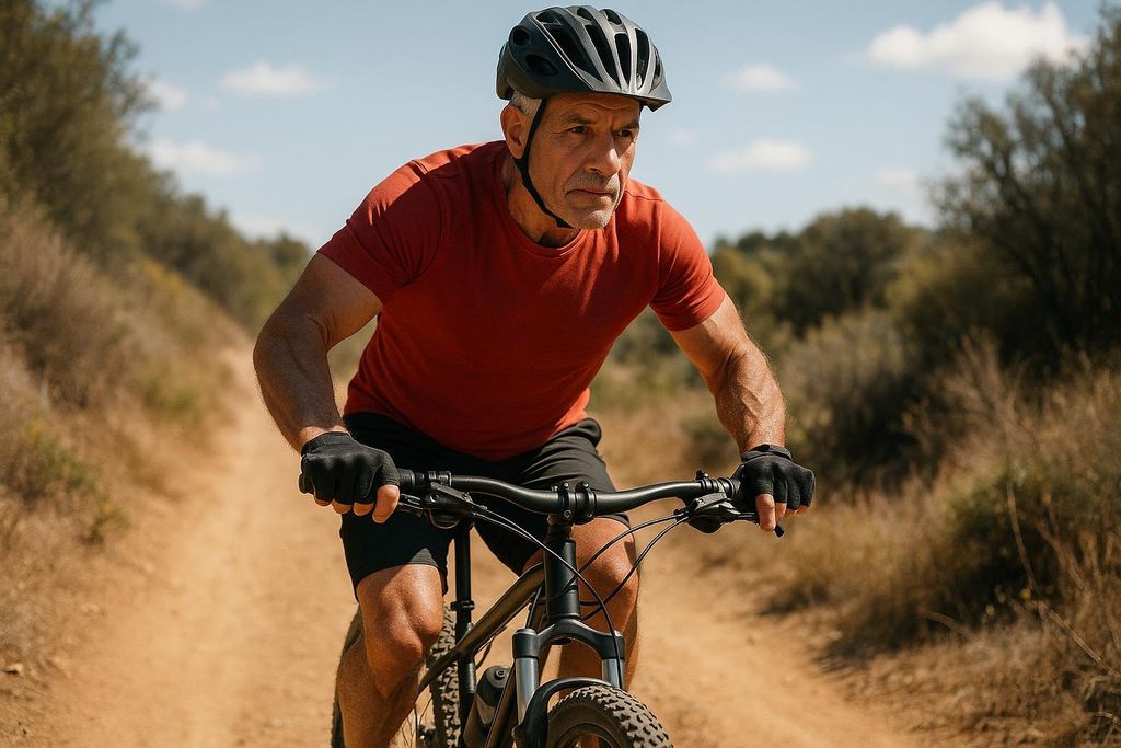A fit older man in a red t-shirt, black shorts, and a black helmet, intensely riding a mountain bike on a sunny dirt trail with dry brush in the background.
