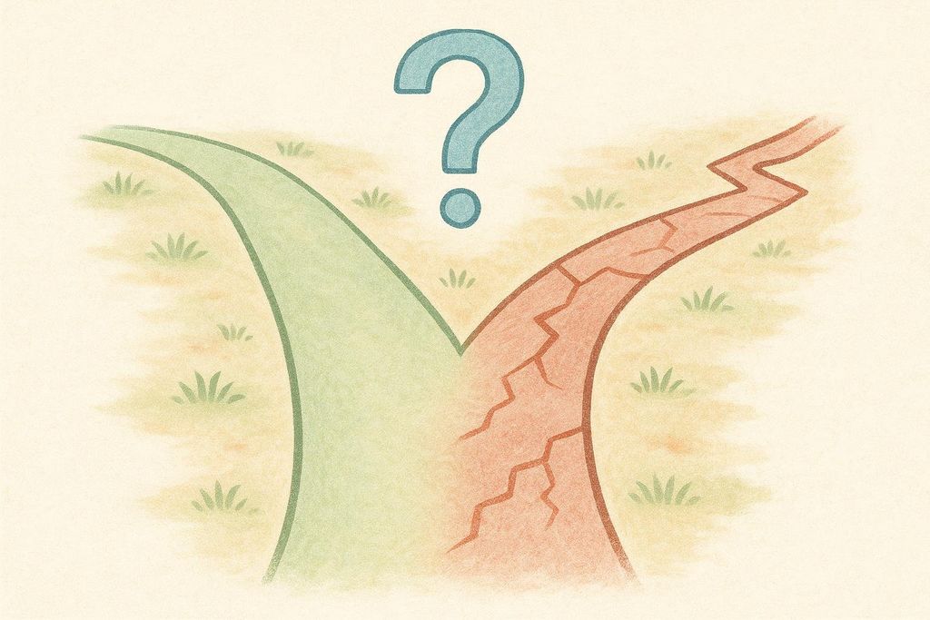 An illustration of a split path, with one road leading to the left and colored green, and the other leading to the right and colored red and cracked. A large blue question mark hovers above the fork, symbolizing a decision or choice point.