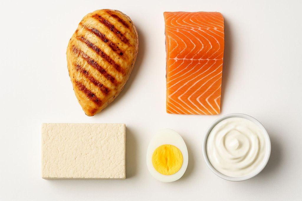 A flat lay of various protein-rich foods including grilled chicken breast, a slab of salmon, a block of tofu, a halved hard-boiled egg, and a small bowl of Greek yogurt, all arranged on a white background.