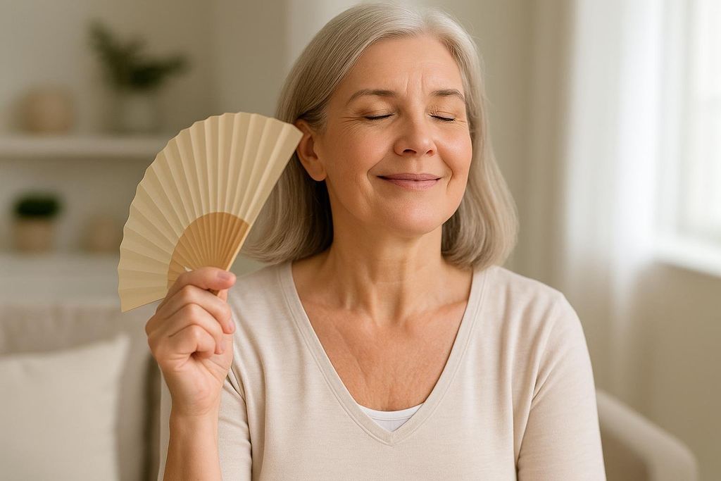 A smiling woman in her 50s with gray hair, fanning herself with a beige hand fan and eyes closed, finding relief from a hot flash, a common symptom treatable by hormone therapy.