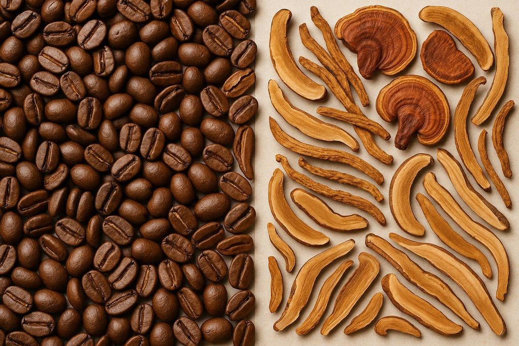 An overhead view split in half, with roasted coffee beans on the left and various dried Gandy mushroom slices including larger fan-shaped ones and smaller curved pieces, on the right. Both are displayed on a pale, neutral background.