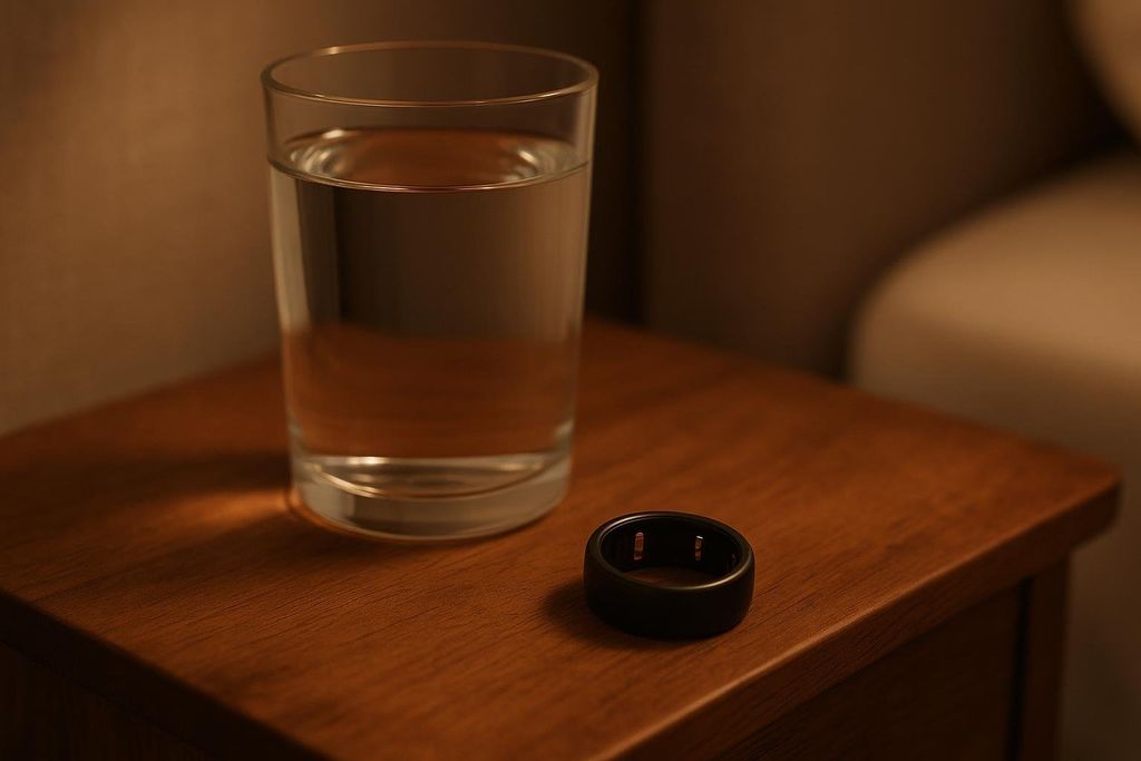 Smart sleep tracking ring on a bedside table.