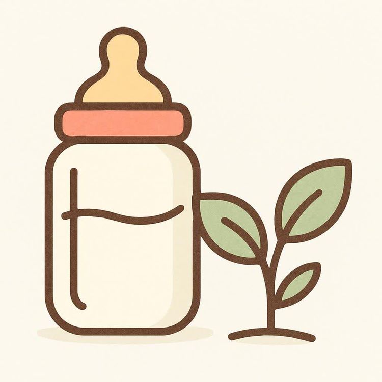 A minimal, illustrative icon featuring a baby bottle in shades of cream, peach, and yellow, positioned next to a small green plant with two leaves, all on a light beige background. The lines of the icon have a slightly textured appearance.