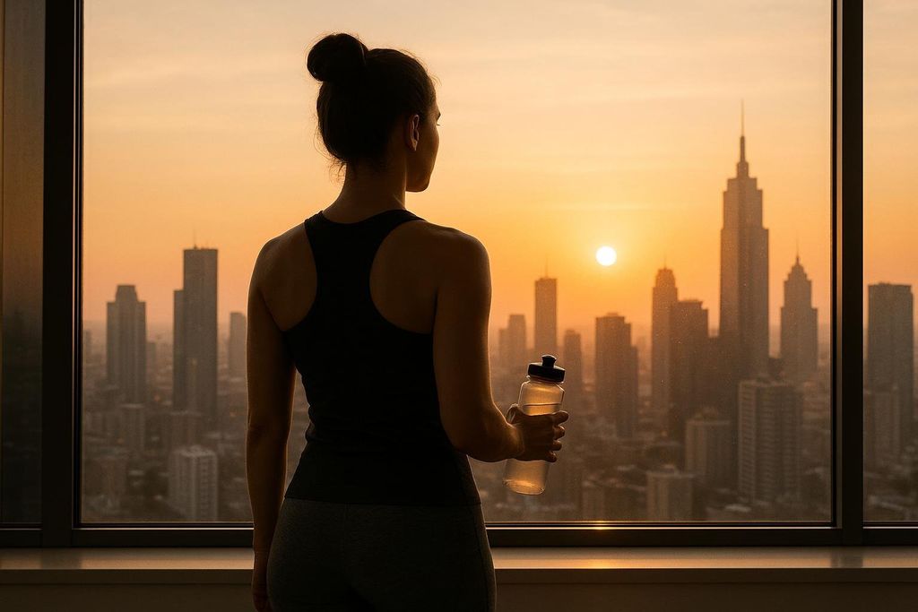 A woman in workout clothes, seen from behind, stands by a large window looking out at a city skyline during sunrise. She holds a water bottle in her hand.