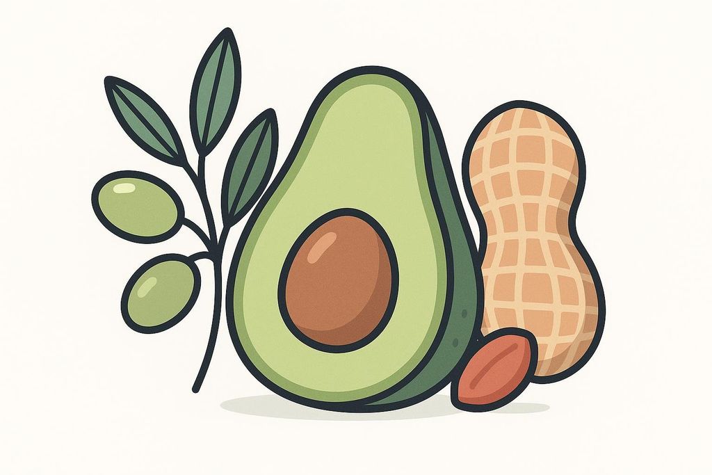An illustration featuring a branch of green olives with leaves, a halved avocado showing its pit, and a peanut in its shell with one shelled peanut beside it.