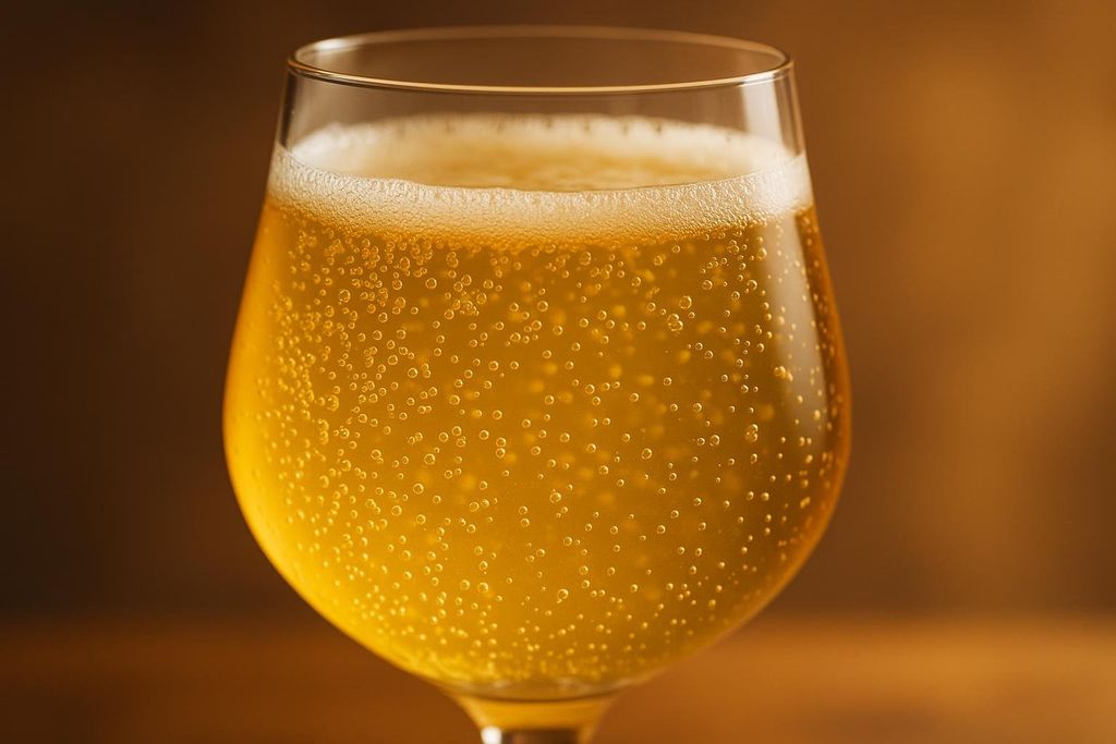 A macro shot showing effervescent bubbles rising in a glass of golden kombucha.