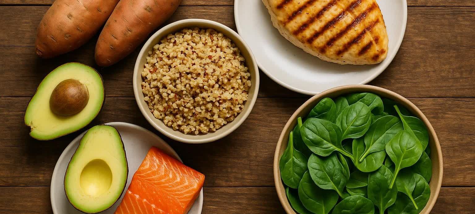 Flat lay of various healthy bulking foods including chicken, salmon, quinoa, sweet potatoes, avocados, and spinach.