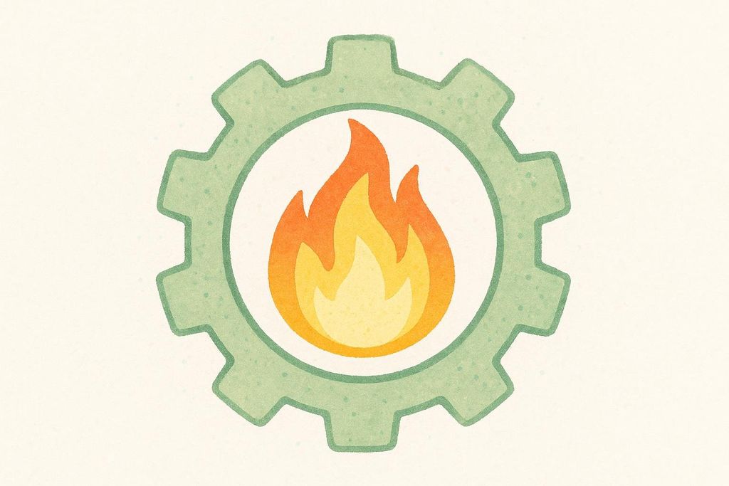 Illustration of a green gear with a vibrant orange and yellow flame in its center, representing a metabolic engine.