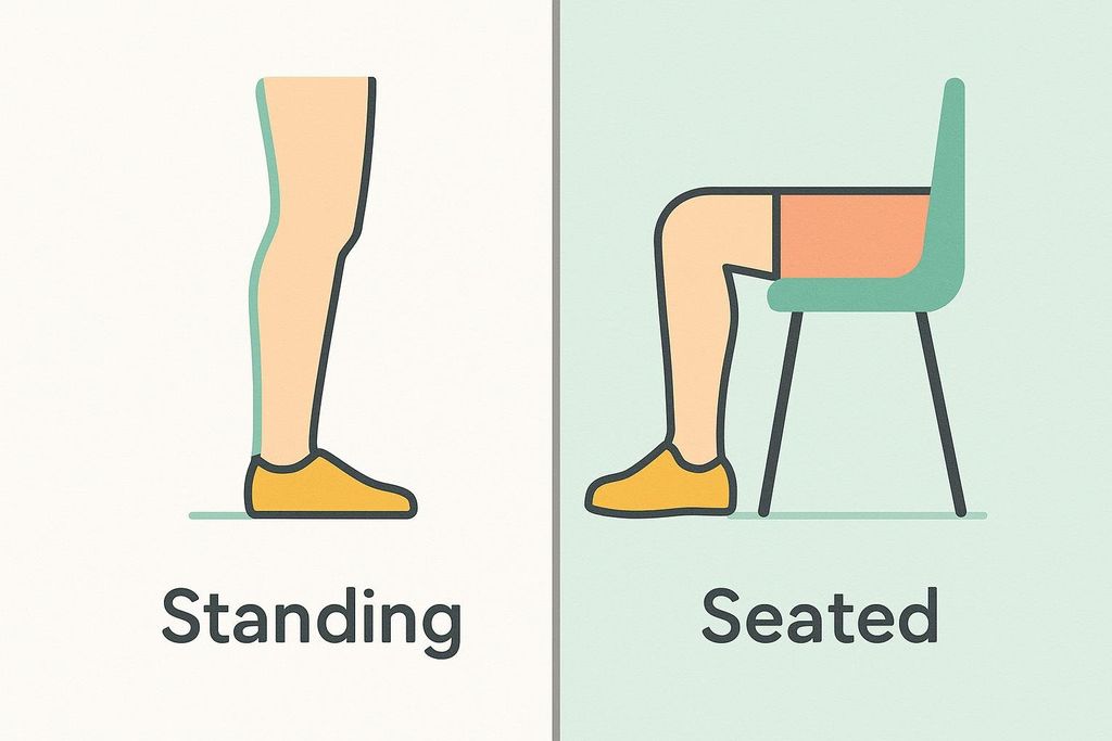 A diagram comparing two leg postures. On the left, a pair of legs is shown standing straight. On the right, a pair of legs is shown bent at the knee while seated on a chair. Both sections are labeled with text: 'Standing' and 'Seated'.