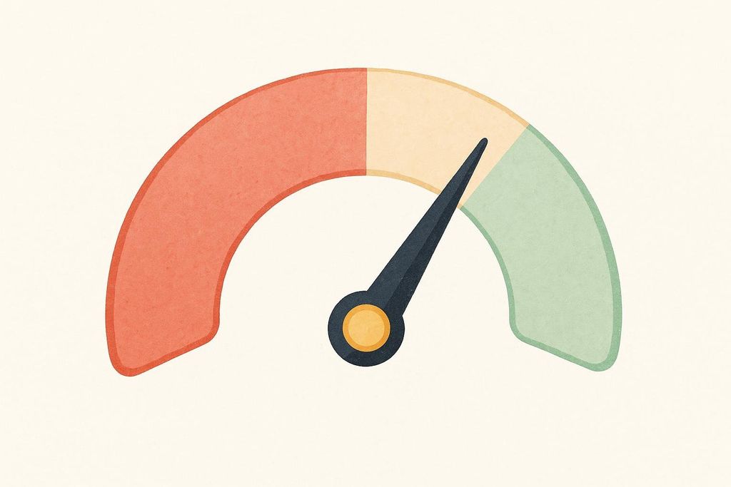 An illustrative image of a gauge with a needle pointing to the red danger zone. The gauge has three sections: red for danger, yellow for caution, and green for safe.