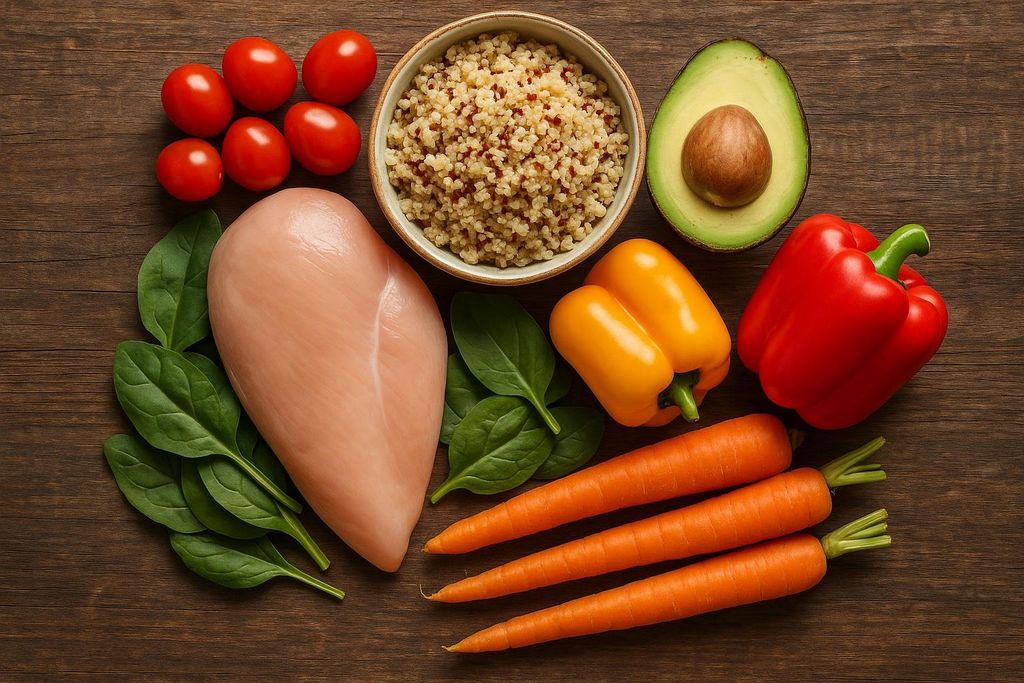 A flat-lay composition of healthy food items arranged on a dark wooden surface. The ingredients include a raw chicken breast, a pile of fresh spinach leaves, cherry tomatoes, a bowl of cooked quinoa, a halved avocado, an orange bell pepper, a red bell pepper, and three carrots. This represents a balanced meal ideal for a nutritious diet.