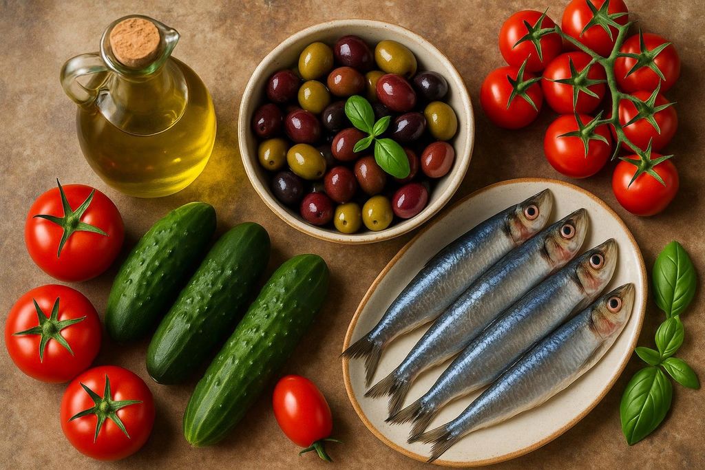 A table spread with various healthy Mediterranean diet foods. The arrangement includes a glass bottle of olive oil, a bowl of assorted green and black olives, multiple fresh red tomatoes (some still on the vine), whole green cucumbers, and a plate with four whole fish, likely sardines, garnished with fresh basil leaves.