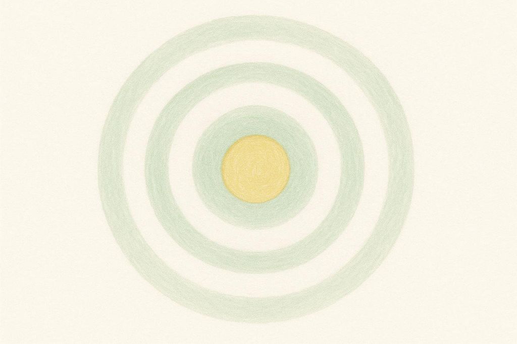 An abstract illustration featuring a central yellow circle surrounded by alternating light green and white concentric rings on a light cream background. The rings have a soft, somewhat textured appearance, resembling a colored pencil or pastel drawing.