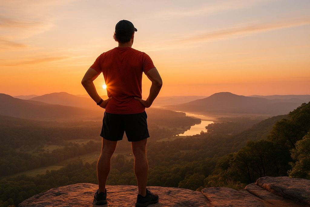 A man wearing an orange t-shirt, black shorts, and a baseball cap stands on a rocky outcrop, looking out over a misty river valley as the sun rises, casting a warm orange glow across the landscape.