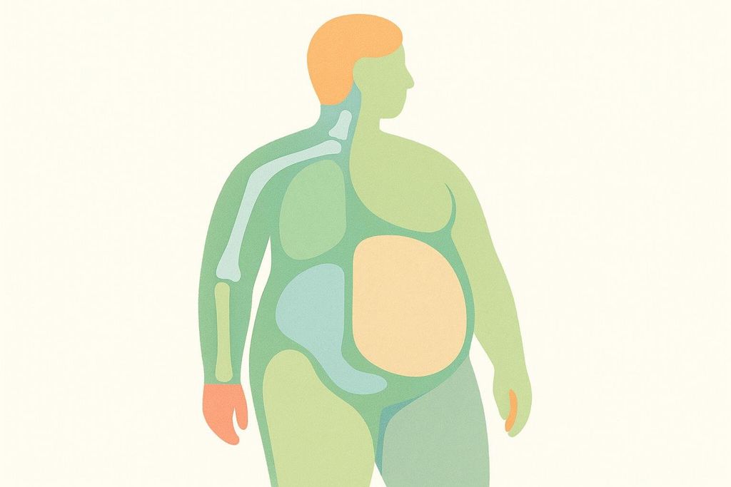 A stylized illustration of a human body showing different internal structures and fat distribution in muted colors, representing body composition.