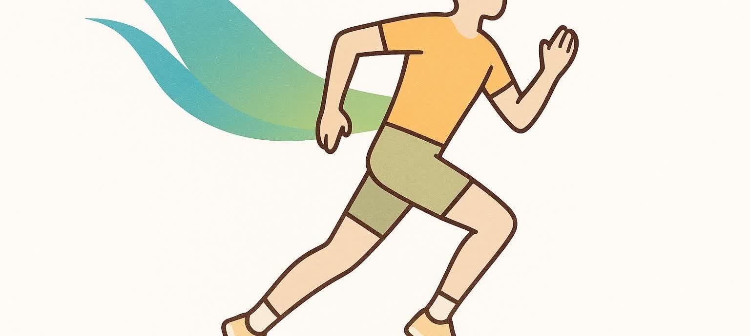 A stylized illustration of a person running, depicted as a simple figure with a yellow shirt and green shorts. Behind them, a vibrant blue and green gradient trail streams, suggesting speed and energy.