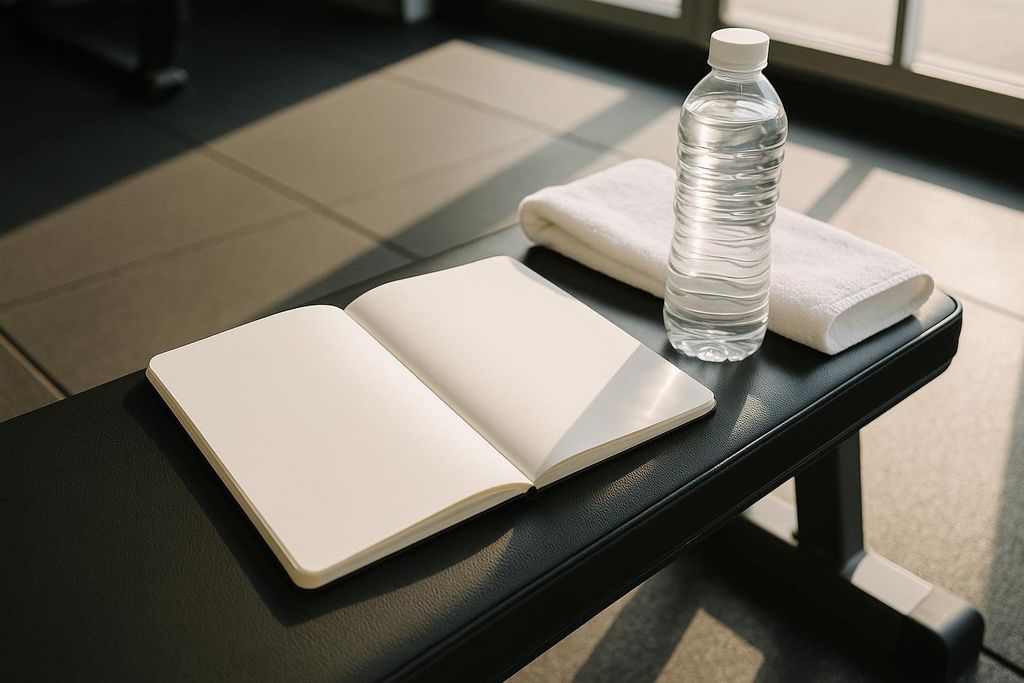 An open, blank notebook, a folded white towel, and a clear plastic water bottle sit on a black gym bench. Sunlight casts shadows on the floor in the background.