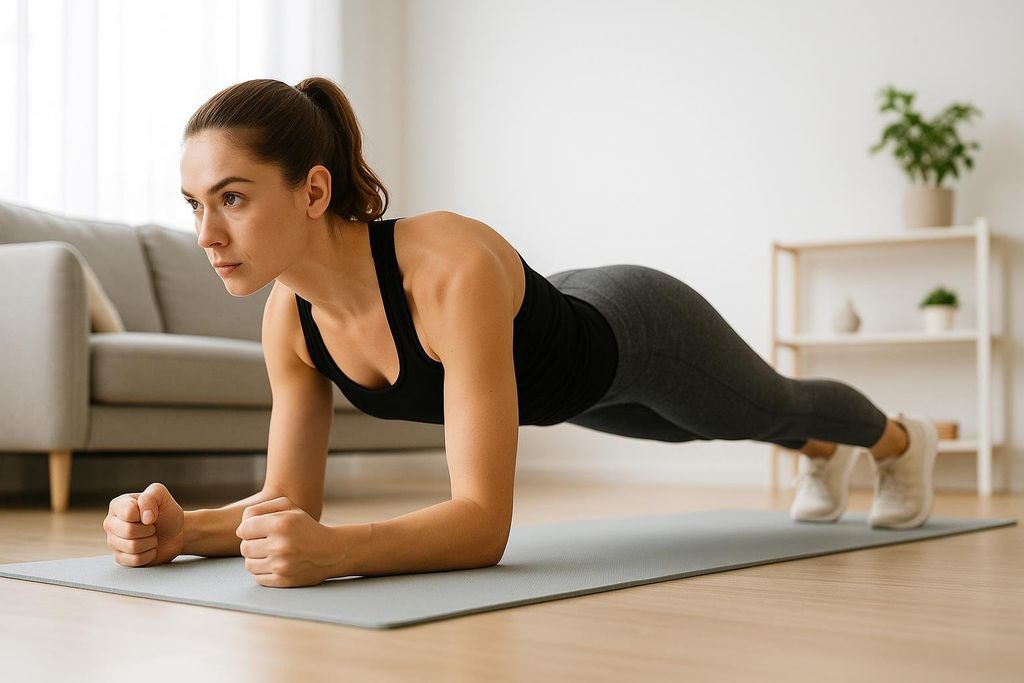 A woman in athletic wear is demonstrating perfect plank form on a yoga mat in a light-filled living room. She is looking straight ahead with a focused expression.