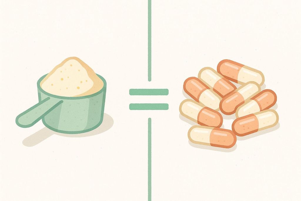 Illustration comparing a scoop of psyllium powder to the equivalent dose in multiple capsules, showing that many capsules are needed.