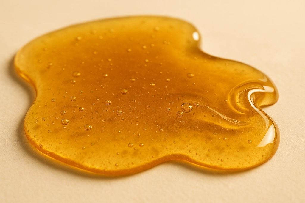 A macro shot of thick, amber-colored syrup or honey pooled on a light surface, showing its viscous texture and numerous small air bubbles.