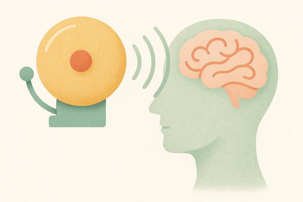 Abstract graphic of an old-fashioned golden alarm bell sending sound waves towards a light green silhouette of a human head, revealing a pink brain inside. The image has a textured, slightly grainy appearance.