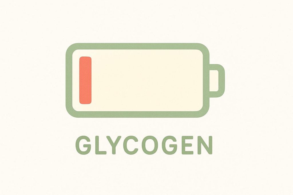 A stylized battery icon with a very low charge, colored in light green and cream, with a small red bar indicating the low charge. Below the battery, the word 'GLYCOGEN' is written in green capital letters, conveying the concept of glycogen depletion.
