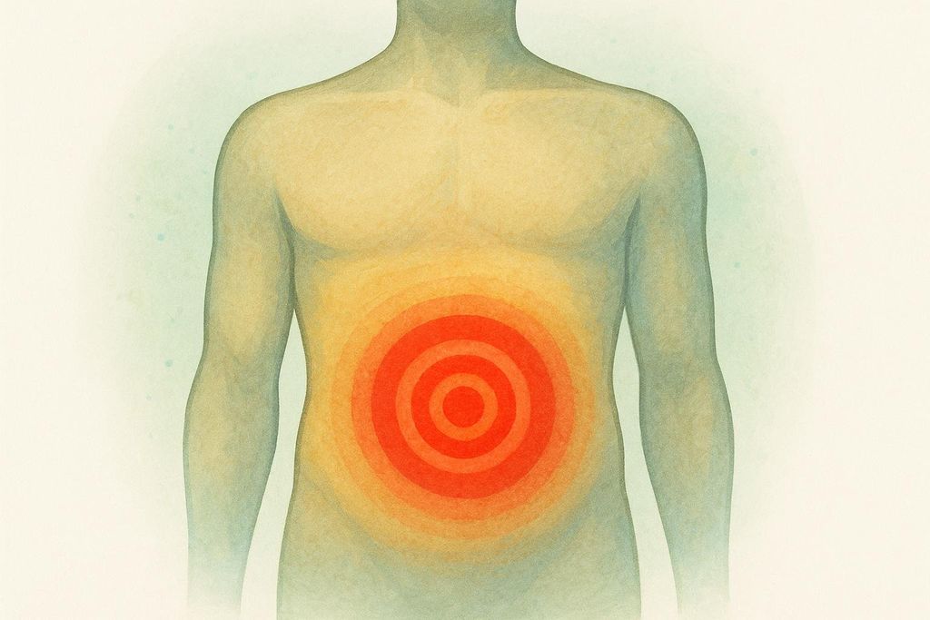 An illustration from the shoulders to the upper thighs of a human torso with a circular red and orange target-like graphic on the abdomen, indicating pain or inflammation.
