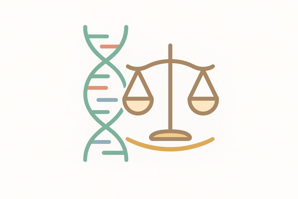 Illustration of a DNA double helix next to a set of balancing scales.