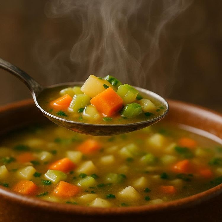 Close-up of spoon lifting warm soup.