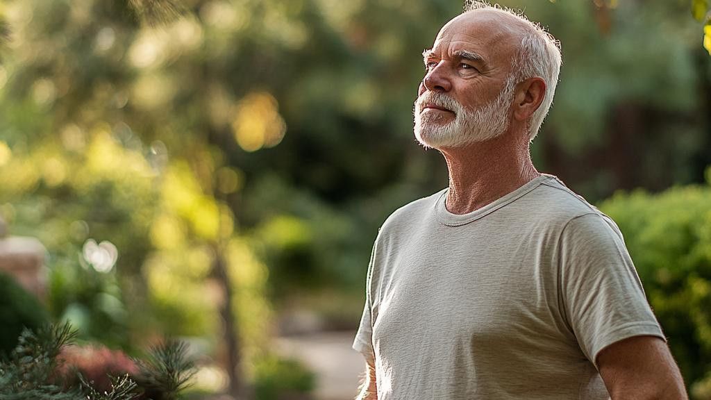 A senior man with grey hair and beard looks up at the sky while standing outside in a green park on a sunny day.