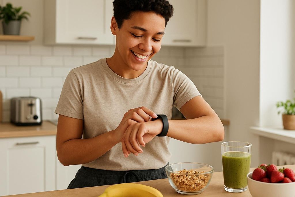 A smiling person with short, dark hair looking at their fitness tracker while standing at a kitchen counter. On the counter are breakfast items like granola, a banana, a green smoothie, and strawberries.