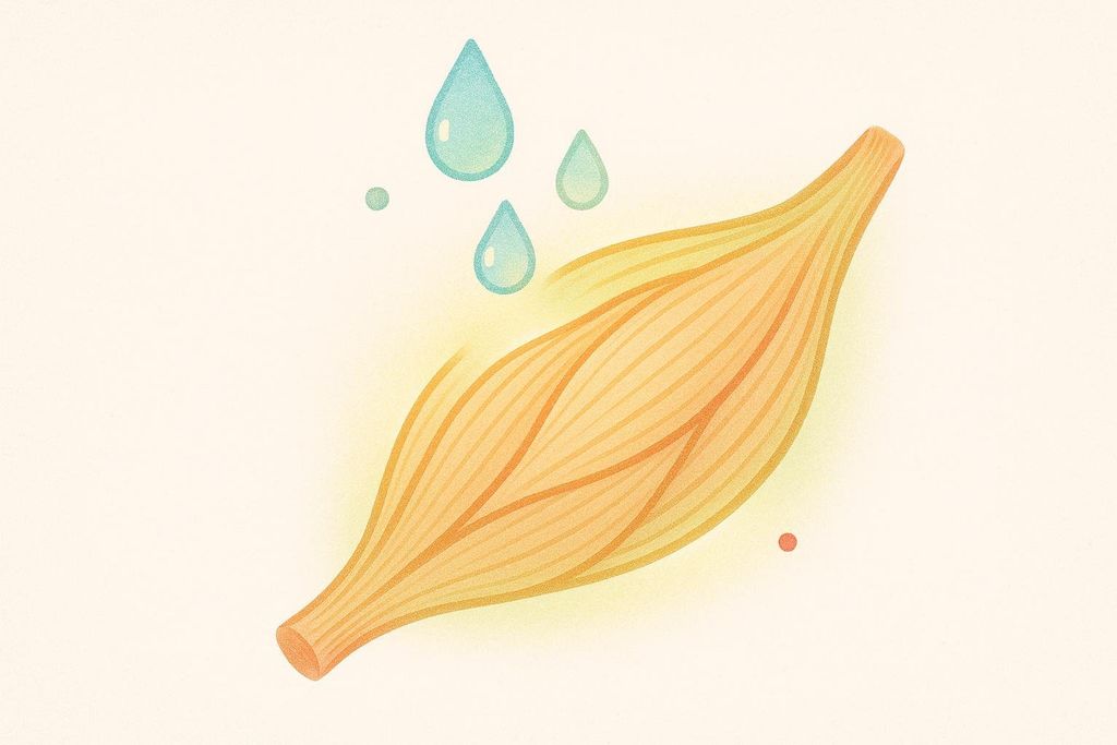 An abstract illustration depicting a muscle fiber in shades of orange and yellow, with three blue water droplet shapes above it, surrounded by an ethereal glow and small green and red dots, symbolizing muscle protein synthesis and nutrient absorption.