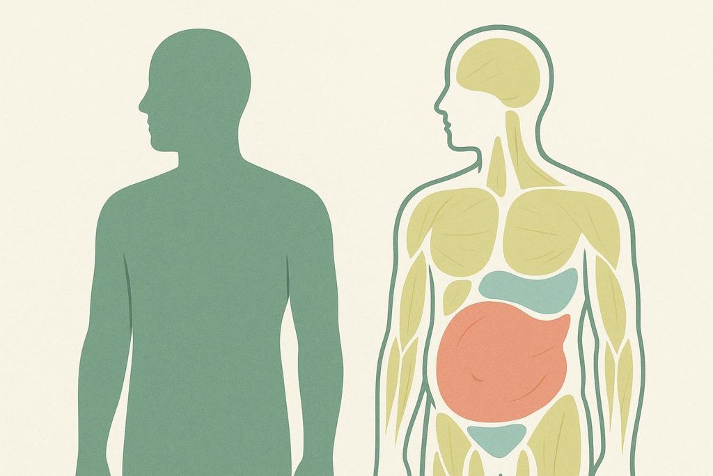 An illustration comparing a solid human silhouette to a transparent one that reveals its internal body composition, symbolizing what DEXA measures beyond the scale. The transparent silhouette shows internal organs, muscles, and bones in different colors.
