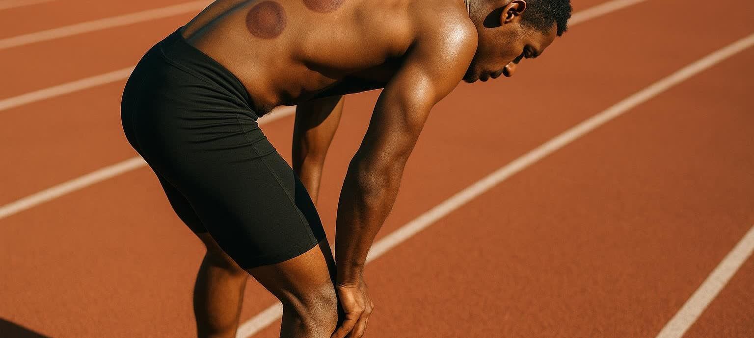 An athlete with dark skin wearing black shorts bends over on a running track, revealing circular cupping marks on his upper back and shoulders.