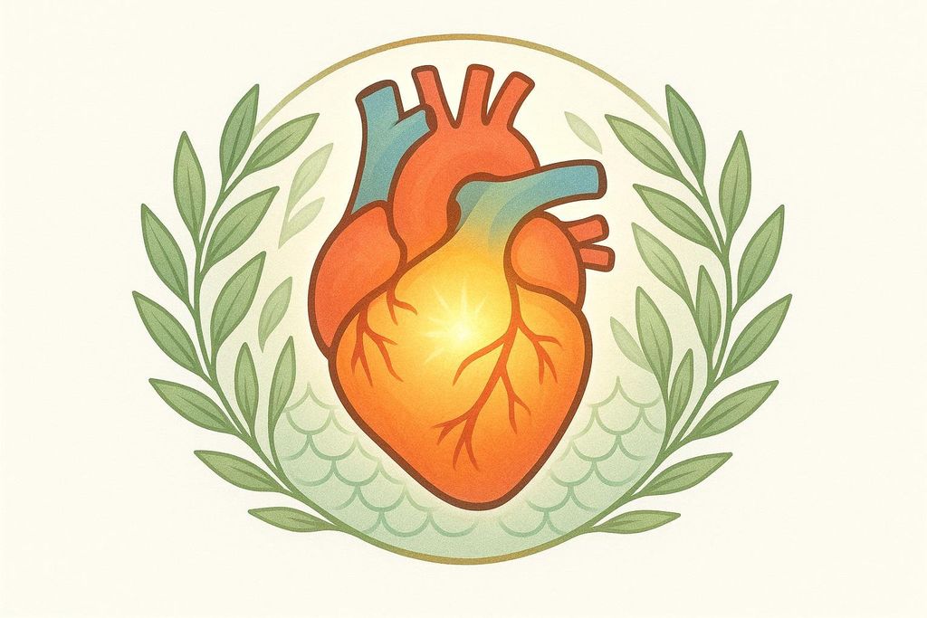 An illustration of a healthy, glowing heart surrounded by green olive leaves forming a border, with light green fish scales at the bottom, all within a circular golden frame. The heart is depicted in a vibrant orange and red with blue vessels at the top.