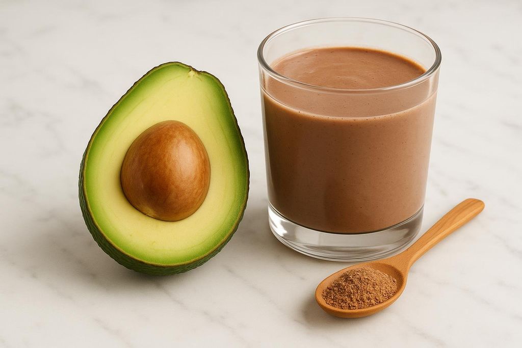 Half an avocado with its pit next to a glass of chocolate shake and a wooden spoon holding flaxseed meal, all on a white marble surface.