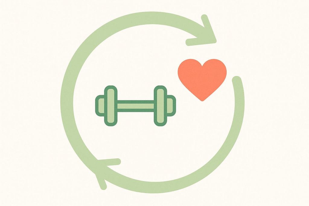 A green circular arrow with a dumbbell and a red heart inside, representing the cycle of sustainable fitness and heart health.