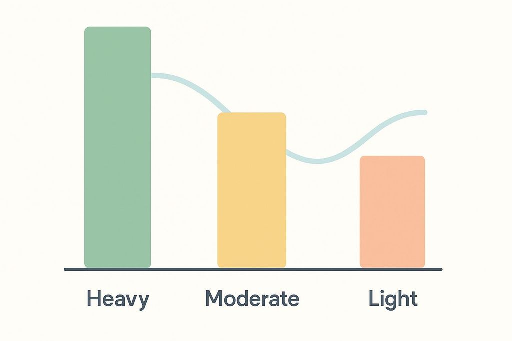 A bar chart illustrating undulating periodization with three columns labeled 'Heavy,' 'Moderate,' and 'Light,' accompanied by a wavy line indicating fluctuation over time.