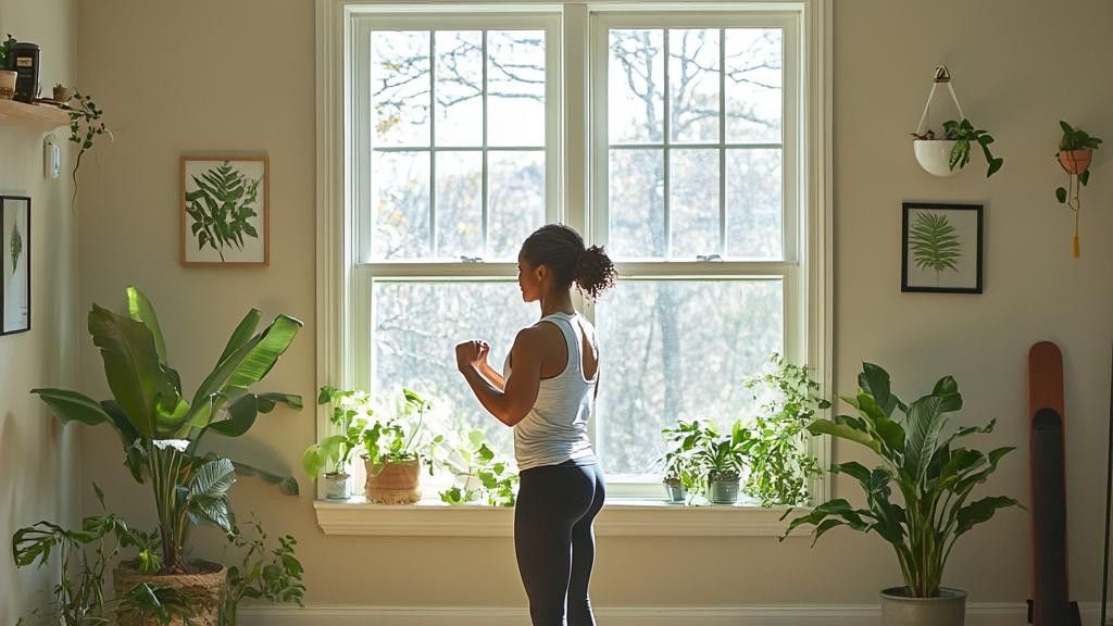 A woman in athletic clothing performs a workout in her home, standing in front of a large window with plants around it.