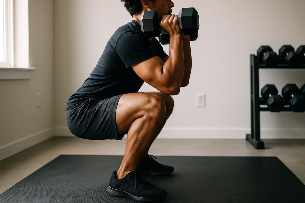 Close-up of a man in a black t-shirt and shorts performing a dumbbell squat on a black exercise mat. He is holding a dumbbell in each hand at shoulder height, demonstrating good form with bent knees and a straight back. A dumbbell rack is visible in the background.