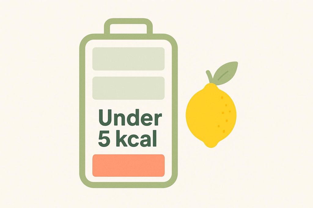 A stylized battery meter showing 'Under 5 kcal' in green text on a white background, with the bottom portion of the battery indicator filled in red. To the right of the battery is a vibrant yellow lemon with a green leaf.